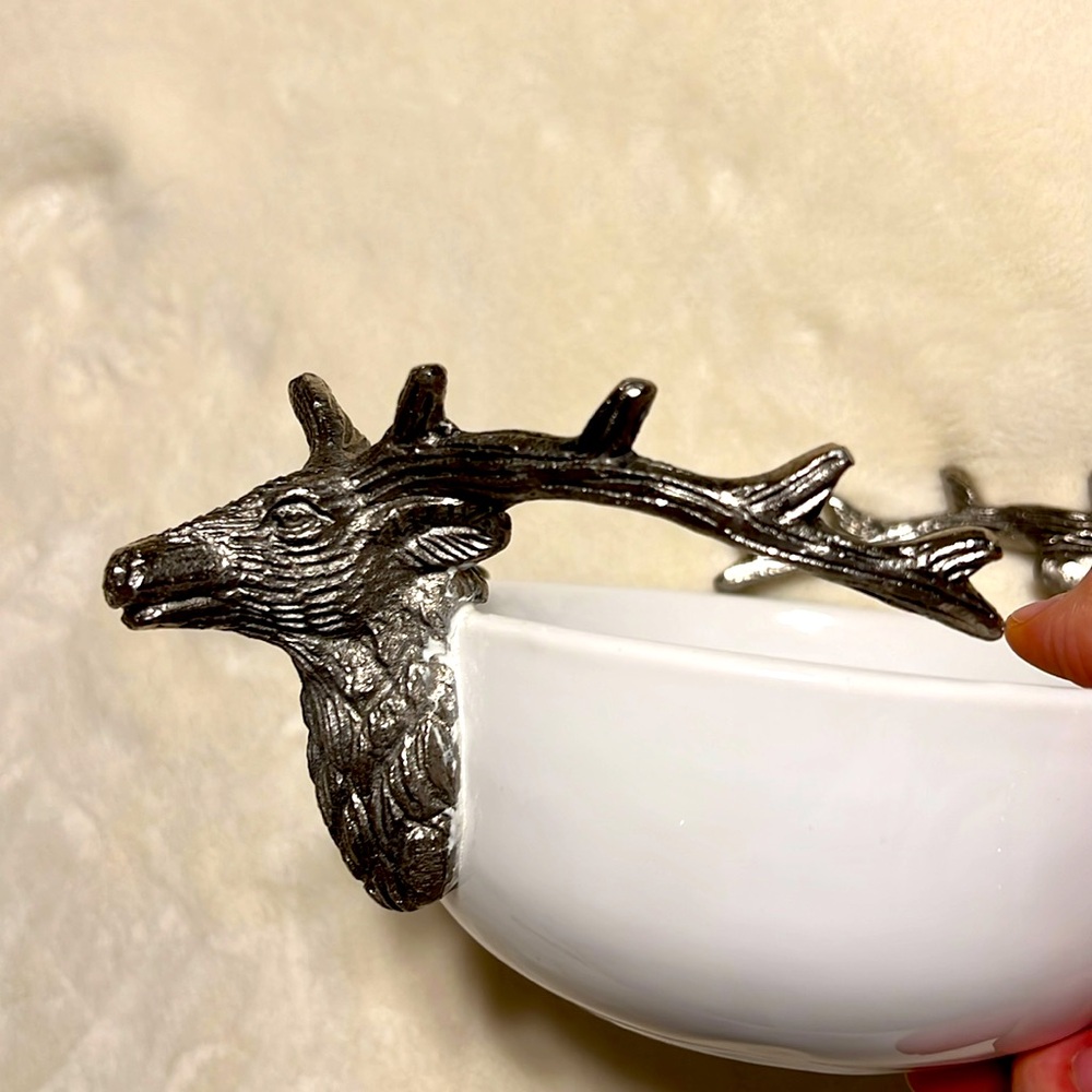 White Ceramic Bowl with Silver Deer Handles. Holiday Decor. 6.25” - Picture 8 of 9
